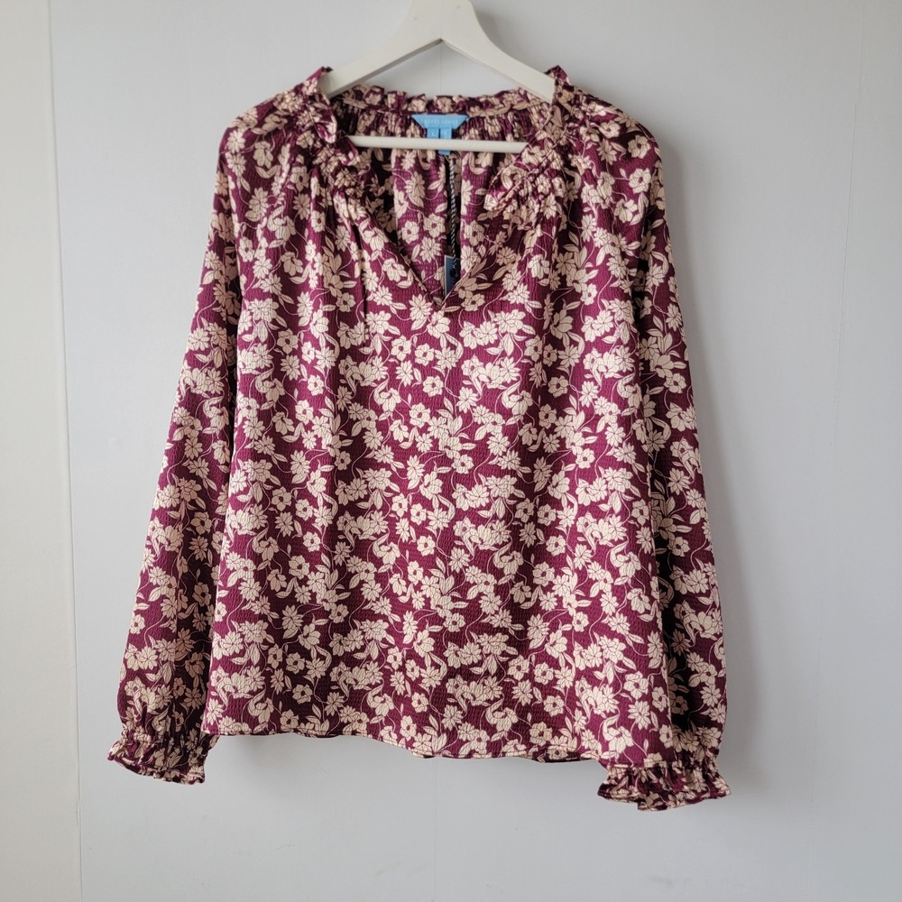 draper james women's Long Sleeve Top sz L in Hammered Satin ruffle V Neck